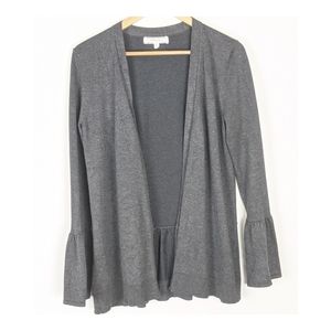Pointelle Bell Sleeve Ruffle Hem Open Front Cardigan Women's S/P Gray